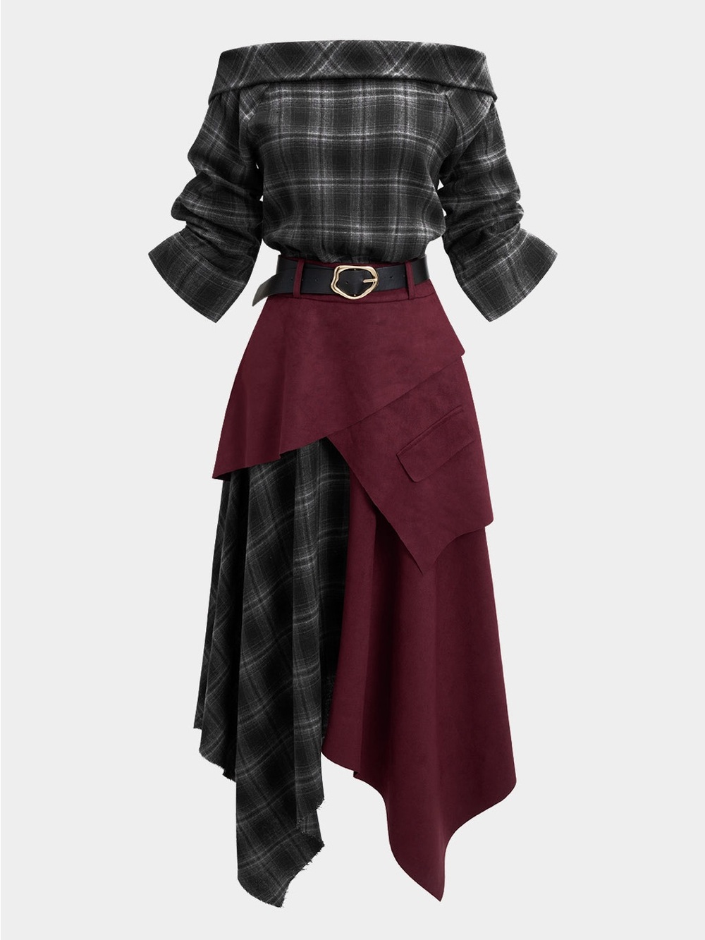 Micas Plaid Print Suede Off Shoulder Zipper Belted Long Sleeve Midi Dress